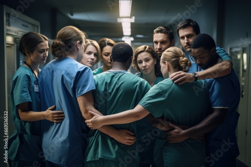 Hospital staff team huddle for patient care.