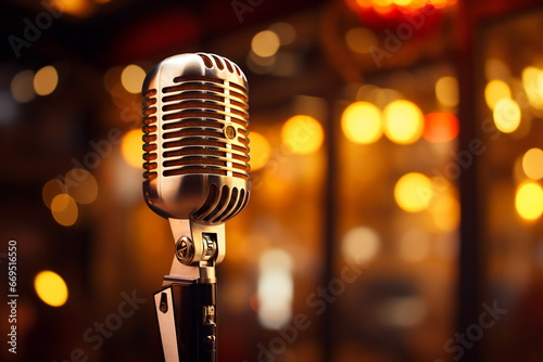 A vintage microphone against a blurred lights background. Live performance concept.
