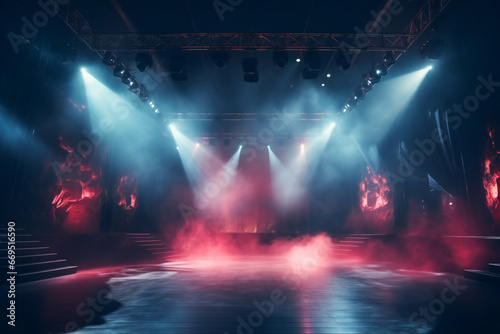 An empty stage ready for concert, with big colored lights and smoke photo