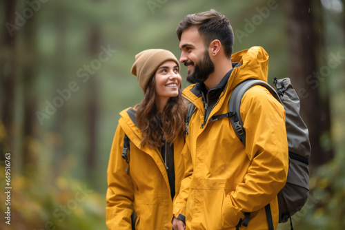 Young couple hiking through forest