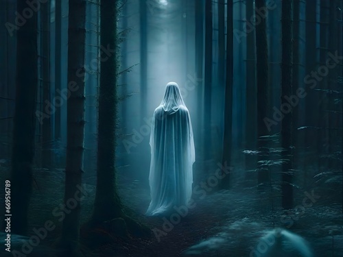 Ghost Walk In The Forest For Halloween Holiday and mystery. A spooky white ghost covered by a sheet with slits over the eyes. Ai ganerated image