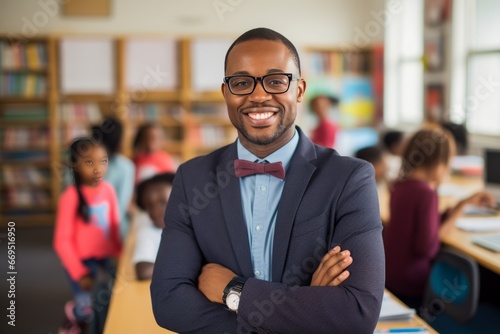 A black male teacher looks at the camera inside the classroom with students generative ai