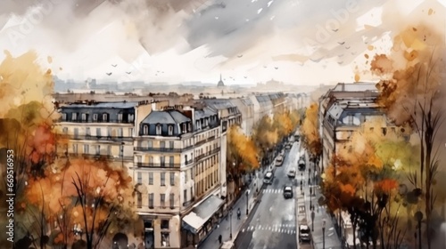 Watercolor painting of paris illustration colorful Ai generated art
