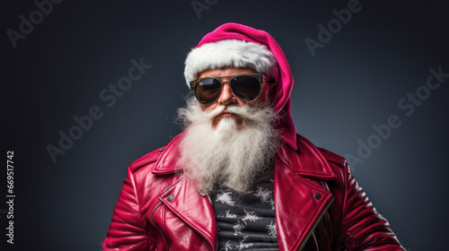 Good looking stylish Santa Claus donning bold, eye-catching ensemble with vibrant pink colors