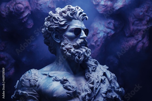 Homme stoïque fait de marbre ciel sombre avec une esthétique post Internet bleu et violet clair, des couleurs claires poetcore. IA générative, IA