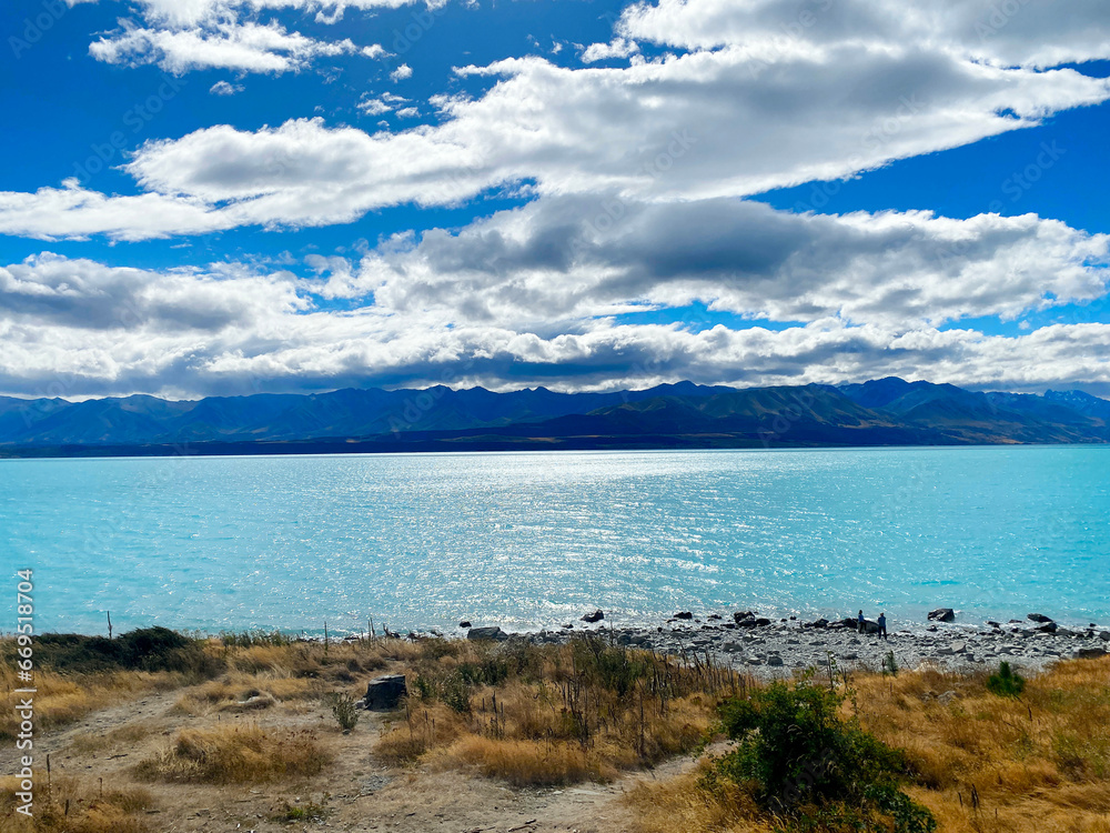 Beautiful view of Lake Pukaki and sky in New Zealand Beautiful view of Lake Pukaki and sky in New Zealand