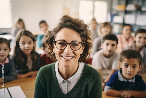 A female teacher smiles  looking at the camera inside the classroom with students generative ai