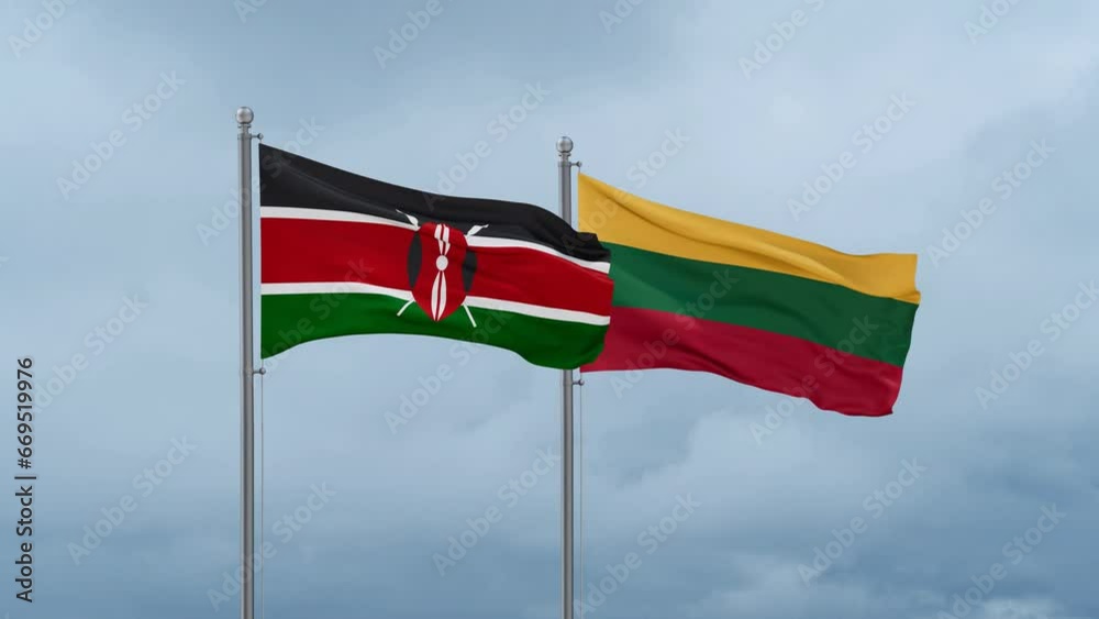 Lithuania flag and Kenya flag waving together on cloudy sky, endless seamless loop, two country relations concept Lithuania flag and Kenya flag waving together on cloudy sky, endless seamless loop, two country relations concept