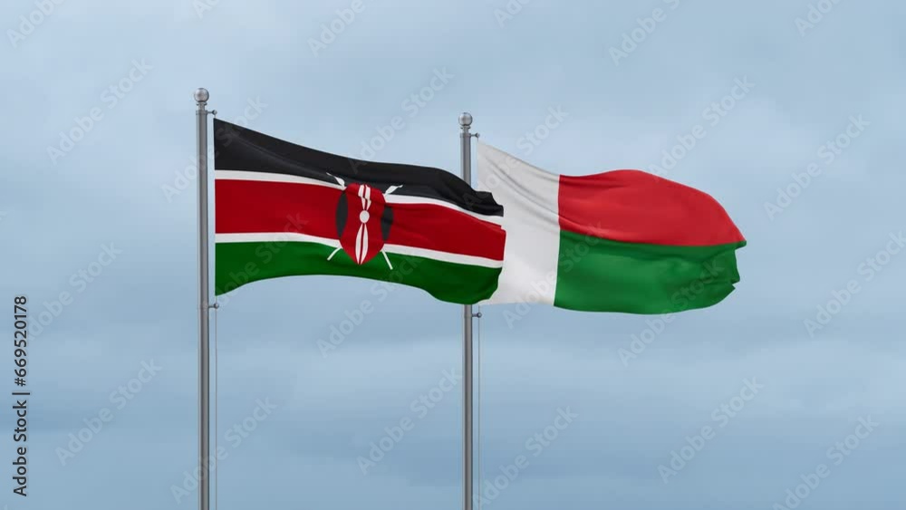 Madagascar flag and Kenya flag waving together on cloudy sky, endless seamless loop, two country relations concept Madagascar flag and Kenya flag waving together on cloudy sky, endless seamless loop, two country relations concept