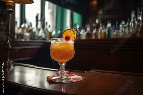 Classic tropical cocktail in a vintage bar, with a refreshing glass of beverage. Generative AI
