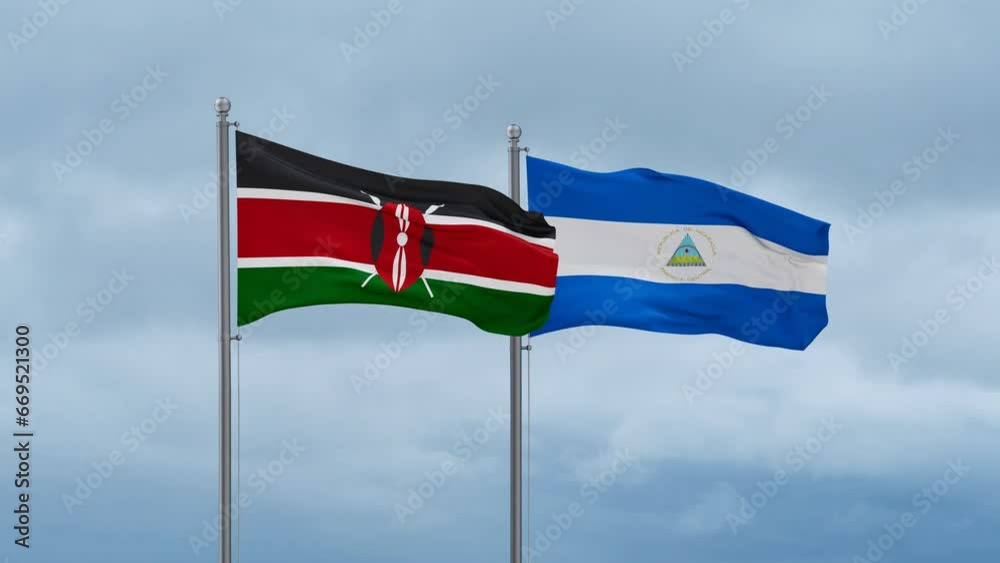 Nicaragua flag and Kenya flag waving together on cloudy sky, endless seamless loop, two country relations concept Nicaragua flag and Kenya flag waving together on cloudy sky, endless seamless loop, two country relations concept