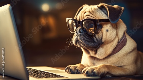 Adorable Pug Dog Wearing Glasses Engrossed in Laptop Screen, Office Pet Concept. Perfect for illustrating concepts like productivity, tech-savviness, and a touch of cuteness in the work environment.