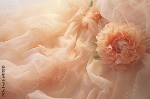 Lace rose on a soft peach silk veil