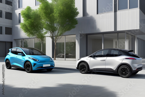 Electric car in the yard among new buildings