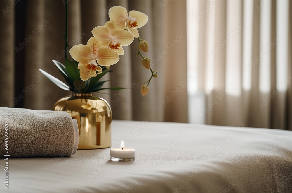 Spa and Beauty Product Display with Orchid, Candle, and Towel (Indoor)