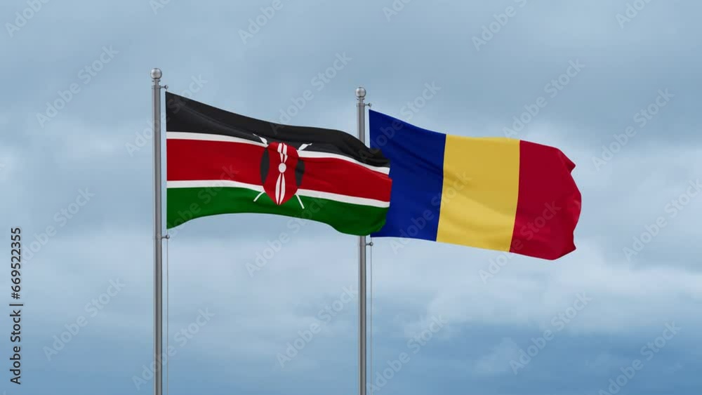 Romania and Kenya flag waving together on cloudy sky, endless seamless loop, two country cooperation concept