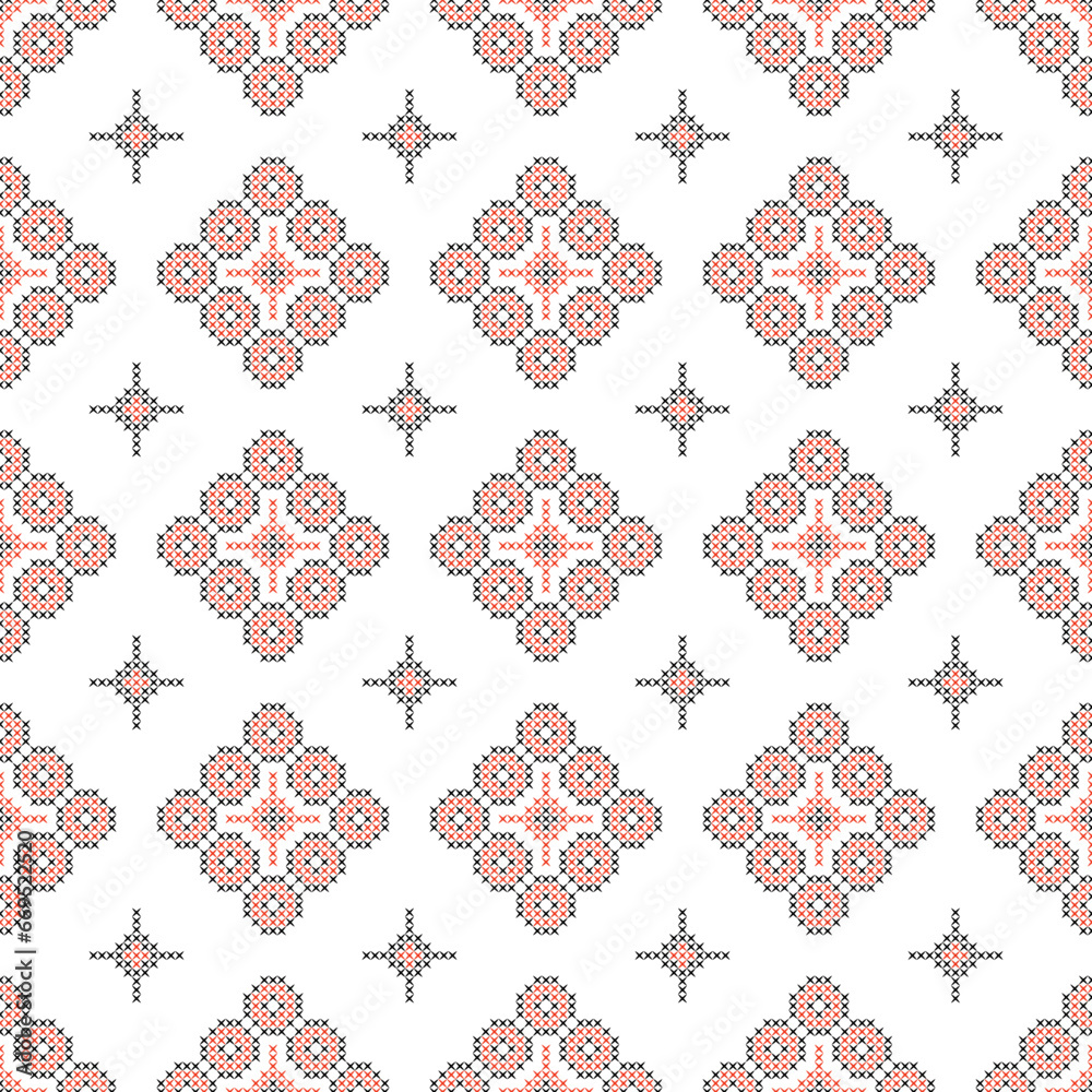 Ukrainian Embroidery Seamless Pattern. Vector Illustration of Handmade Craftsmanship. Cross stitching.