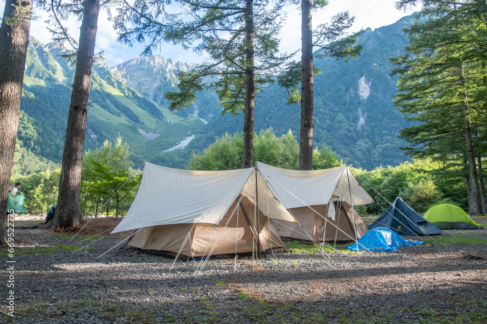 Tent Camping with japan alps background at Kamikochi