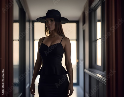 A beautiful female wearing a hat and a black dress is standing in a hall  photo