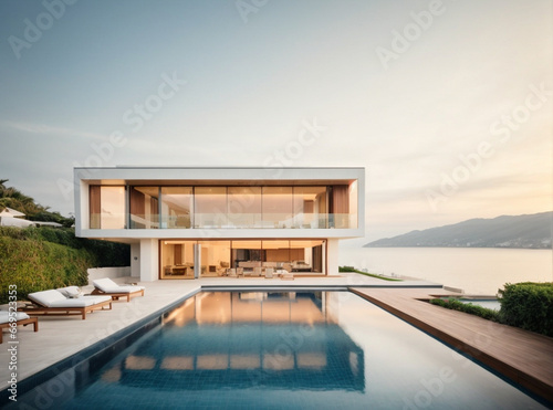 Luxury house with swimming pool and terrace in modern design, contemporary holiday villa exterior. © BNMK0819