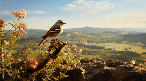 A sparrow sitting on the tree branch on the tope of mountain photo