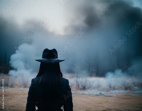 A female figure wearing a hat is standing on a path in the woods with smoke in front of her