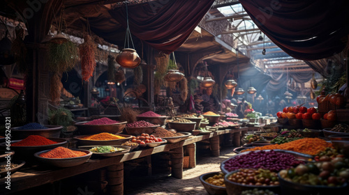 A vibrant souk, its stalls overflowing with colorful spices and fabrics