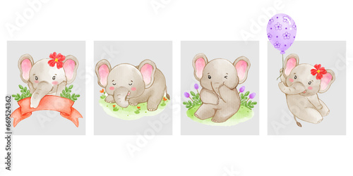 Photography Watercolor cute Elephant cartoon character design collection with different on with background
