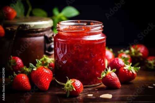 Close-up of strawberry jam in a jar generative ai
