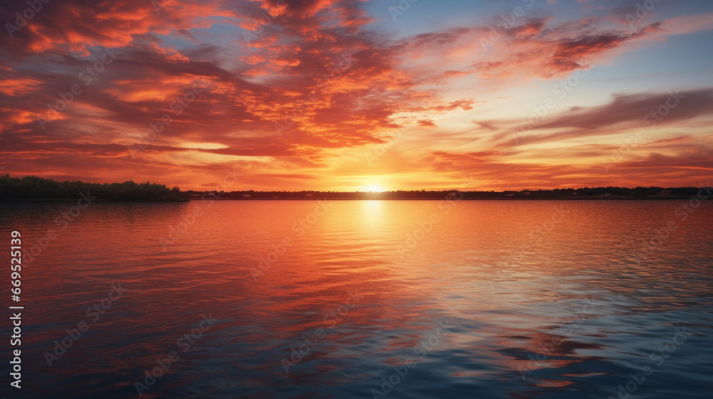 A vibrant, multi-colored sunset over a lake