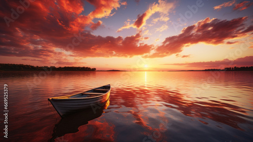 A vibrant, multi-colored sunset over a lake, with a few boats sailing on the horizon