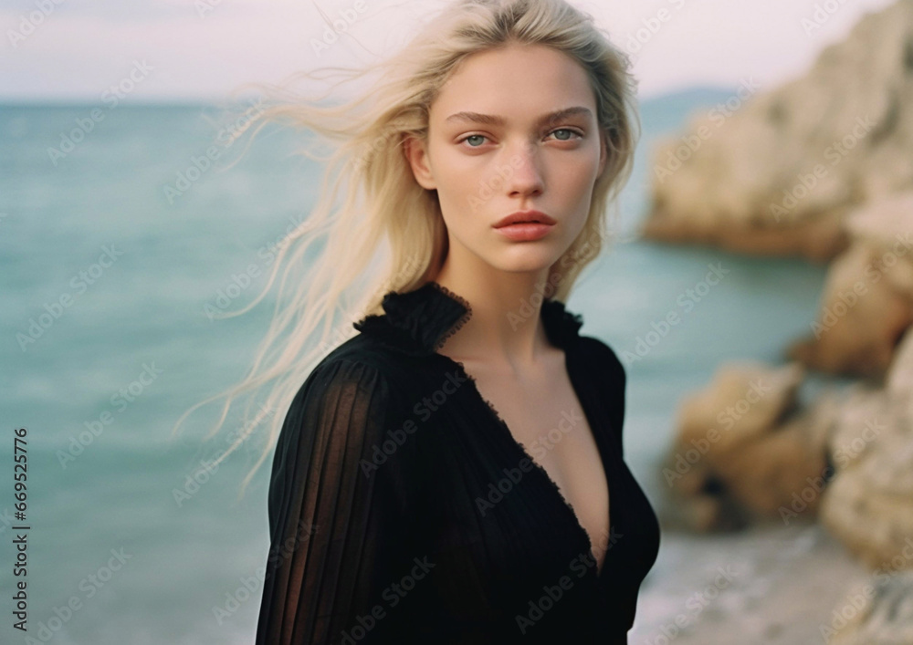 Fashion portrait of beautiful blond woman on beach wearing black designer dress on summer sunny day.Macro.AI Generative Fashion portrait of beautiful blond woman on beach wearing black designer dress on summer sunny day.Macro.AI Generative