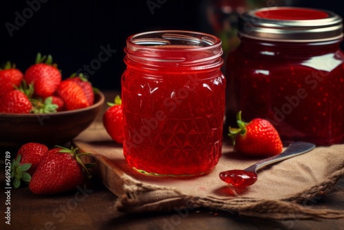 Close-up of strawberry jam in a jar generative ai