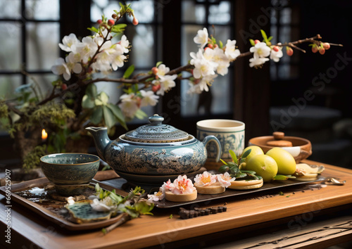 Traditional asian tea ceremony with teapot and cup of herbal green tea with blossom flowers.Macro.AI Generative