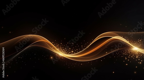 Golden Wave of Lights and Sparkle: Elegant Fluid Data Transfer Technology with Bokeh Gold Swirl on Black Background - Luxury Greetings, Business, Technology Concept