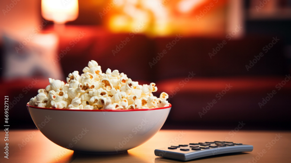 popcorn in a bowl with a remote and tv in front popcorn in a bowl with a remote and tv in front