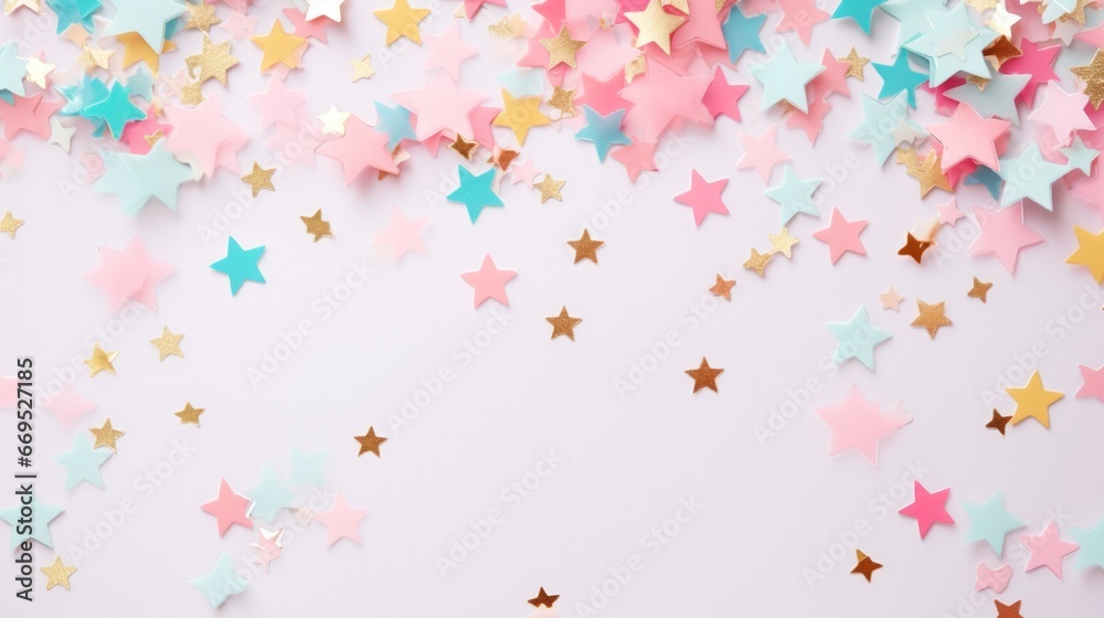Abstract star confetti pastel color on pink background. - obrazy, fototapety, plakaty 