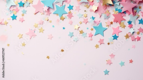 Abstract star confetti pastel color on pink background.