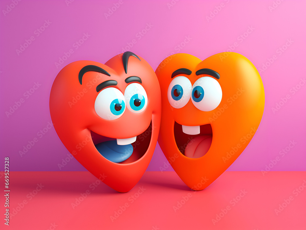 Funny cartoon heart characters on colored background. 3D plastic hearts having fun. Cute cartoon heart character with surprised face, friends having fun. Friendship day or Hug Day illustration Funny cartoon heart characters on colored background. 3D plastic hearts having fun. Cute cartoon heart character with surprised face, friends having fun. Friendship day or Hug Day illustration