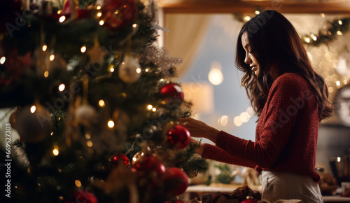 woman decorating Christmas tree