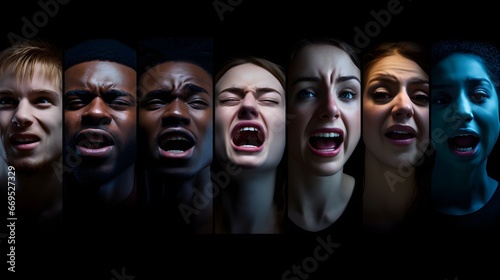 Expressive faces, men and women displaying a spectrum of emotions, from anger to contentment, emphasizing human depth beyond gender