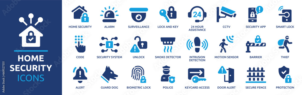 Home security icon set. Containing alarm, surveillance, lock, CCTV, thief, key, intrusion detection, guard dog and more. Vector solid icons collection. - obrazy, fototapety, plakaty 