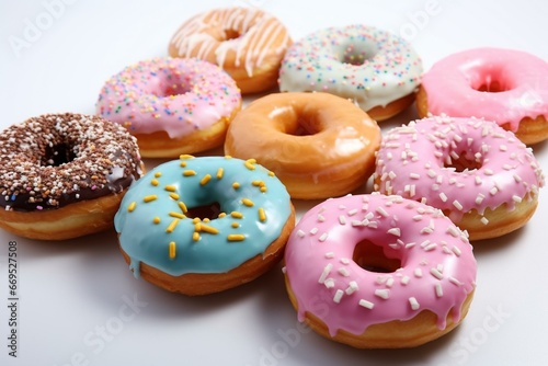 Delicious donuts in various flavors with vibrant colors, set against a white backdrop. Generative AI