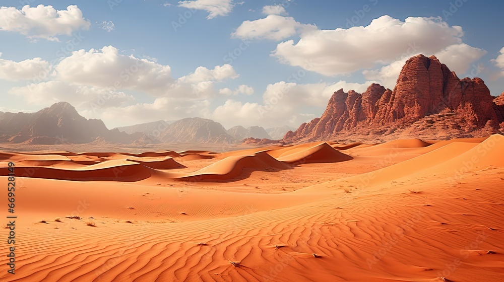 Naklejka premium view in the Sahara desert of Tadrart rouge tassili najer in Djanet City ,Algeria.colorful orange sand, rocky mountains