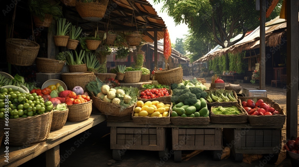 Market stalls with variety of organic vegetables and fruits