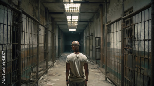 Fictitious bald man stands in a foreign prison AI generative