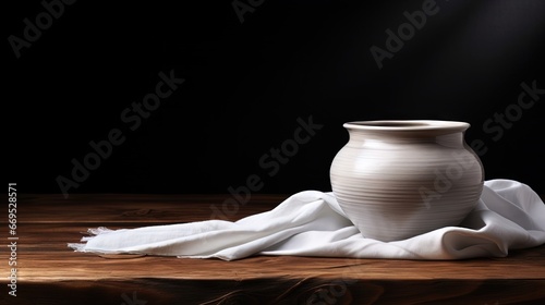 Clay pot of water with white linen cloth on a dark wood background with copy space