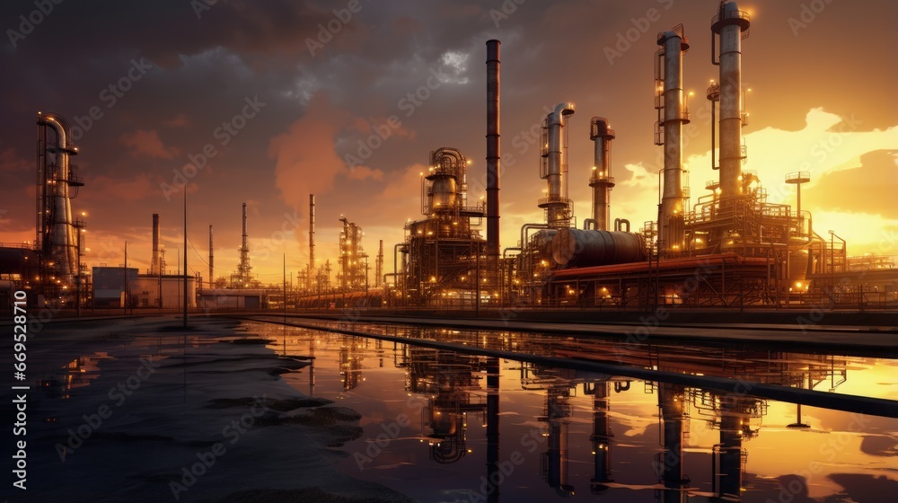golden sunset in crude oil refinery with pipeline system