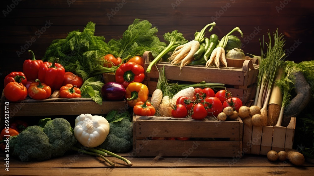 Organic food. Harvest of fresh vegetables in old boxes. On a wooden table.