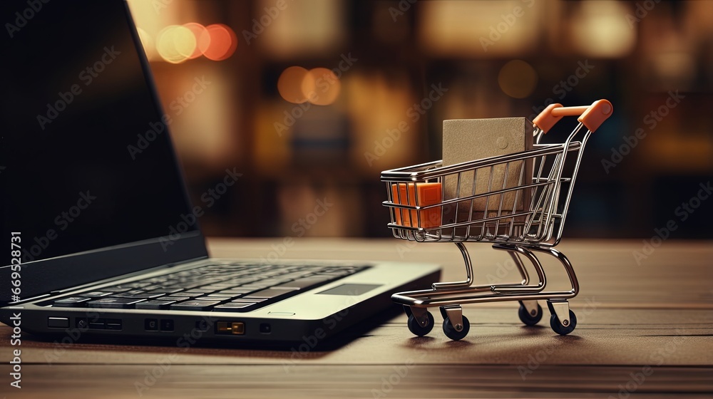 shopping cart and credit card on computer, shopping online concept. subject is blurred and low key.